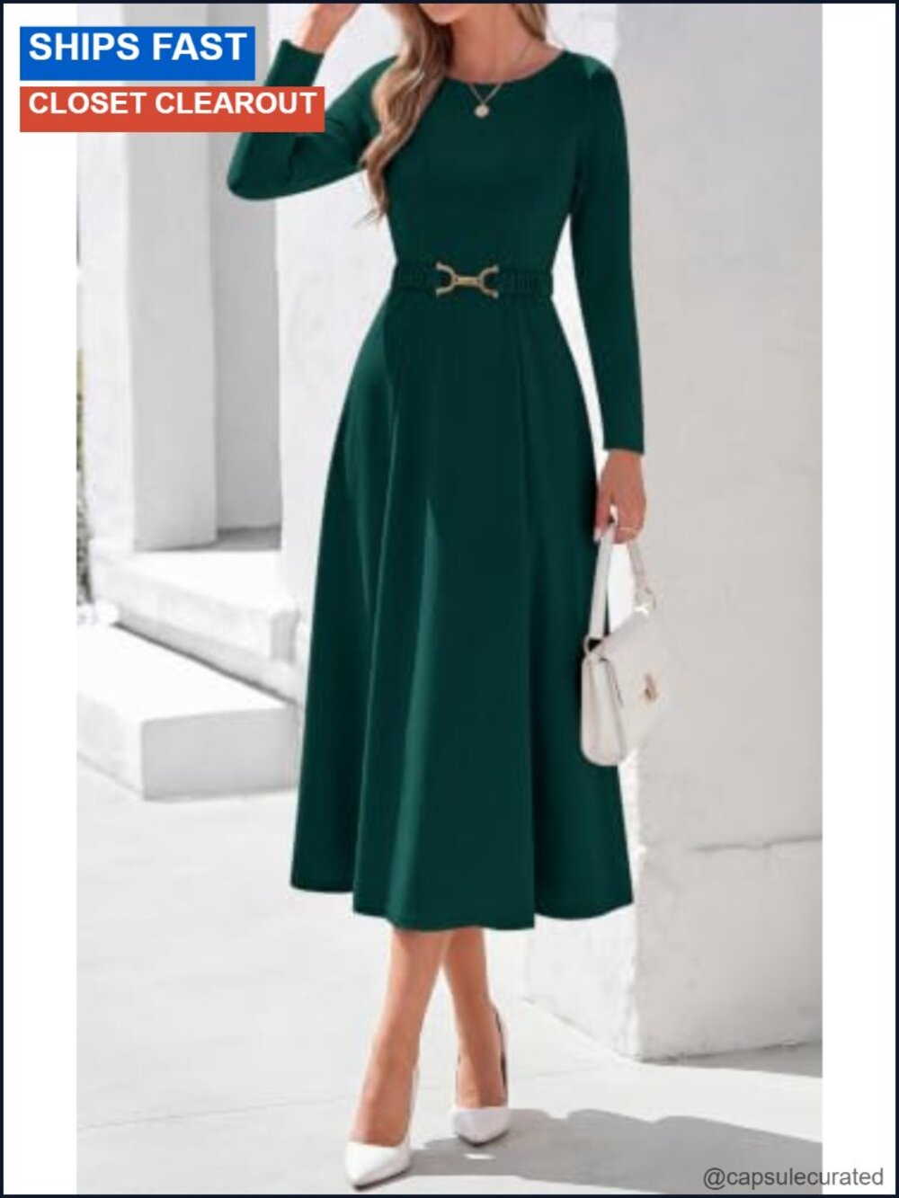 Women's Long Sleeve Boat Neck Fit & Flare Midi Dress with Pockets Semi Formal - Picture 2 of 6